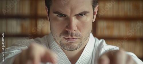 Karateka s intense focused gaze, symbolizing readiness in summer olympics sports photo