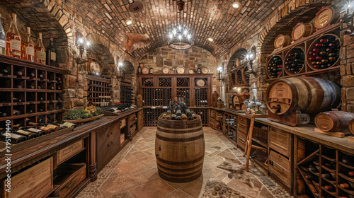 A large room with a barrel in the middle and a lot of wine bottles