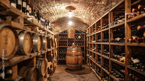 A wine cellar with many bottles and barrels
