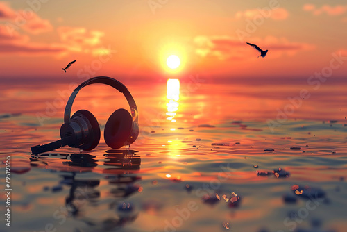 Music 3D neon backgroun. Sunset Serenity with Headphones
