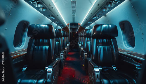 A plane with black seats and red carpet