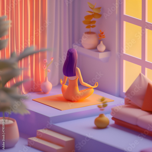 3D isometric 3d scene of woman practicing yoga and meditation in her apartment