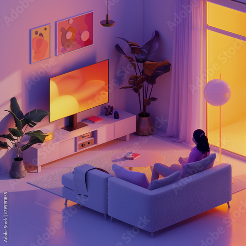 3D isometric 3d scene of woman watching TV in her apartment
