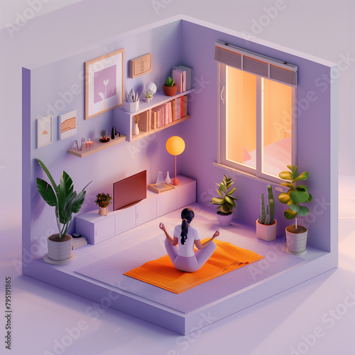 3D isometric 3d scene of woman practicing yoga and meditation in her apartment
