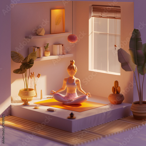 3D isometric 3d scene of woman practicing yoga and meditation in her apartment