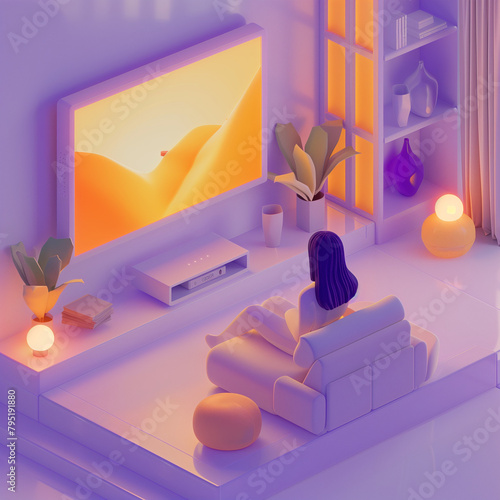 3D isometric 3d scene of woman watching TV in her apartment