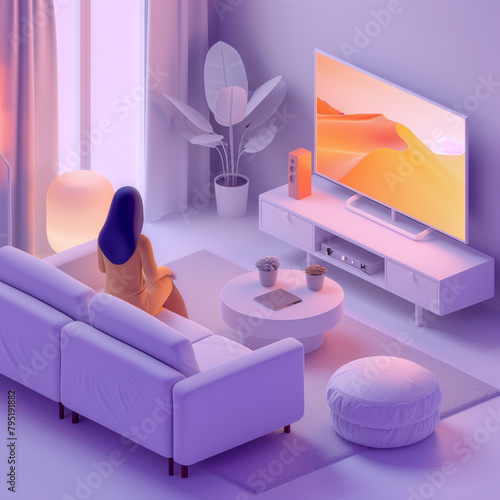 3D isometric 3d scene of woman watching TV in her apartment