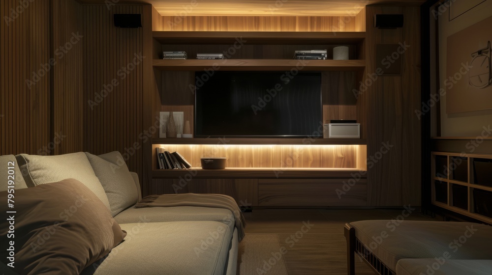 Fototapeta premium Modern Japandi style media room with built-in wooden storage and cozy lighting ambiance
