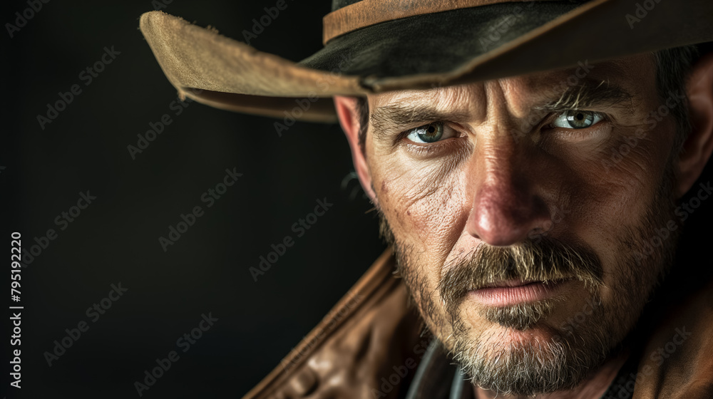Rugged man with a weathered face, intense gaze, and a worn leather hat. Rugged man with a weathered face, intense gaze, and a worn leather hat.
