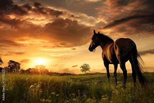 Stallion landscape grassland sunlight.
