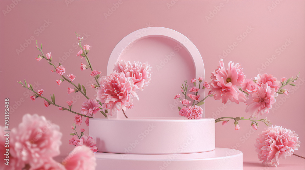 Pink podium and pink flowers on a pink background. Still life, 3D rendering, pastel colors, soft pink, minimalism, simple, elegant, delicate, feminine, beauty, fashion, cosmetics, spring, freshness. Pink podium and pink flowers on a pink background. Still life, 3D rendering, pastel colors, soft pink, minimalism, simple, elegant, delicate, feminine, beauty, fashion, cosmetics, spring, freshness.