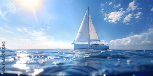 A sailboat on the open sea with a clear blue sky and sunlight in the background. white boat
