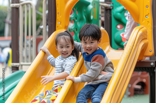 Two children playing on the slide in an outdoor playground. Asian people in colorful colors of yellow and green slides with a gray metal frame