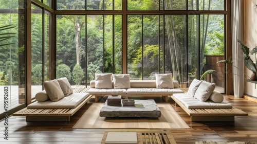 Serene Japandi-style living room with large windows showcasing lush greenery