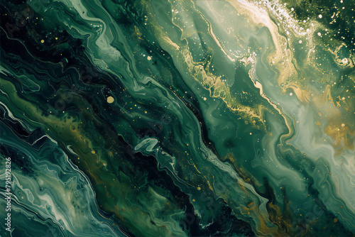 Green and gold liquid art painting with an elegant look and a luxurious feel, perfect for interior design and home decor.
