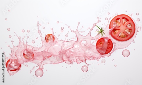 Fototapeta Naklejka Na Ścianę i Meble -  A tomato cut into wedges with a splash of tomato juice.