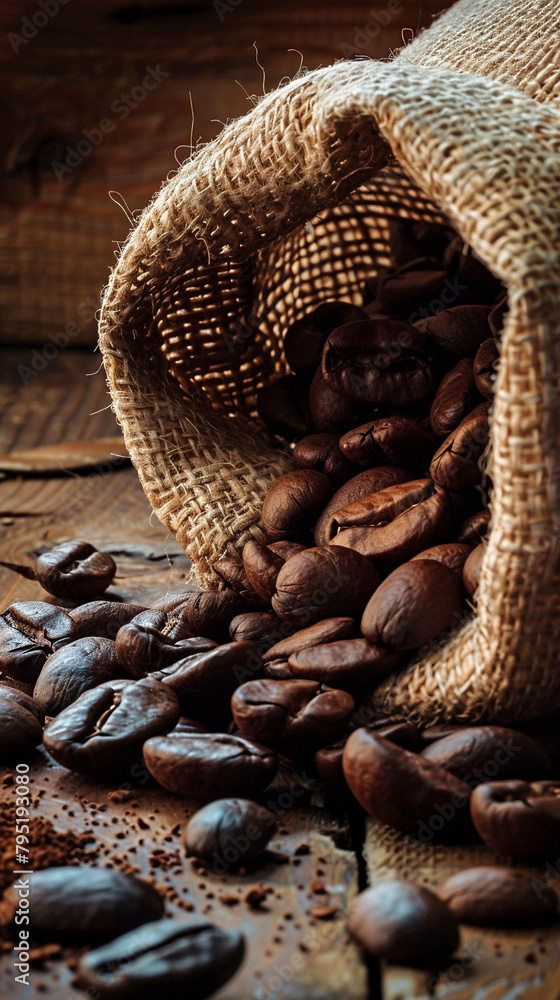 Coffee beans cascading out of a burlap sack