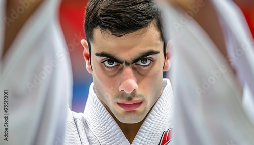 Karateka s intense gaze  symbol of focus and readiness in summer olympics martial arts photo