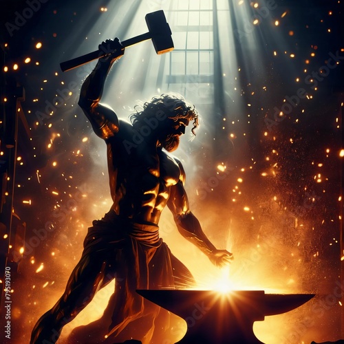Hephaestus the god with his hammer and anvil. He was cast off Mount Olympus. God of of artisans, blacksmiths, craftsmen, fire, metallurgy, volcanoes. Classical Greek Roman mythology. Generative AI