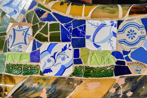 Canvas Print Detail of a colorful mosaic on a bench in Güell Park, Barcelona, Spain, Europe