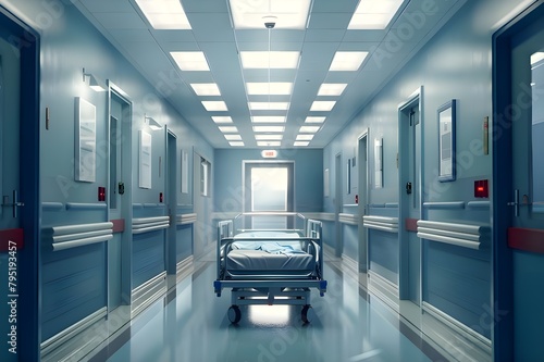 A hospital hallway with a row of beds Digital image,Hospital Cleaning,A hospital hallway with a row of beds Digital image