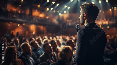 a man with a microphone gives a lecture on self-development and personal growth