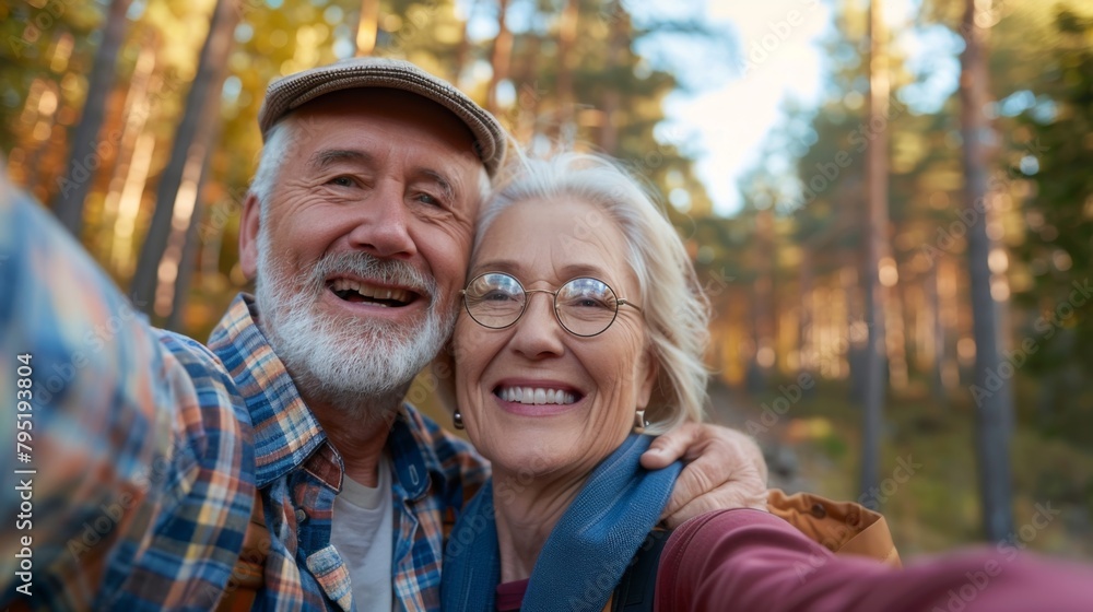 A radiant senior couple takes a selfie to capture their cheerful moments during a leisurely walk in the serene autumn woods. A radiant senior couple takes a selfie to capture their cheerful moments during a leisurely walk in the serene autumn woods.