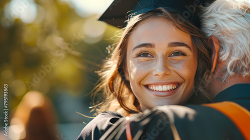 Happy young caucasian woman with her father on graduation day. Smiling female student embraces her father after graduation ceremony. Young woman in graduation gown and cap hugging her parents photo
