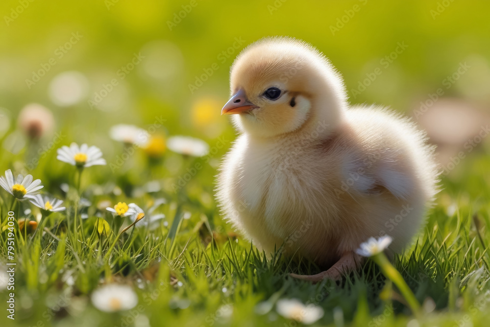 Chick in a field among flowers and green grass. Spring easter sunny day. Chick in a field among flowers and green grass. Spring easter sunny day.