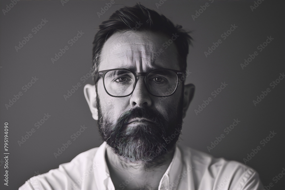 portrait black and white male glasses serious