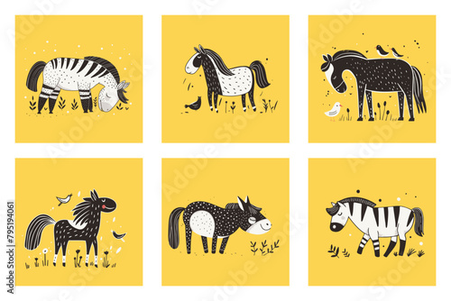 A set of funny walking cartoon horses, vector