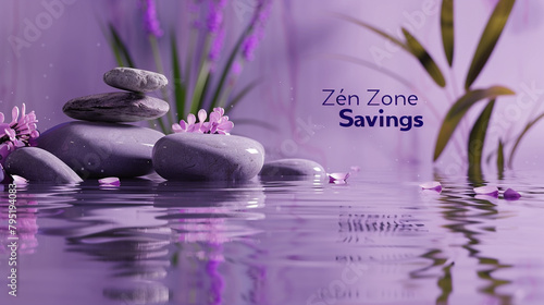 A tranquil lavender background with "Zen Zone Savings" in bold, finding peace and discounts in every corner.