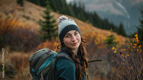 a portrait of a woman, 18 years old, mountainous background hiking attire © Sattawat