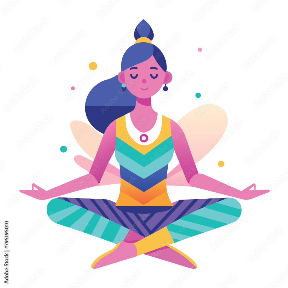 Yoga woman is sitting cross legged with her hands on her knees. She is smiling and she is in a relaxed state