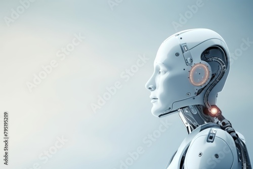 Close-up profile view of a human-like android head, showcasing futuristic artificial intelligence technology. Futuristic Human-Like Robot Head Profile © Anatolii