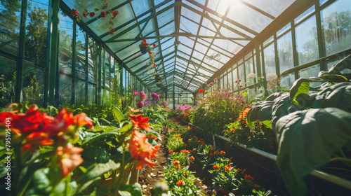 A greenhouse filled with plants and flowers