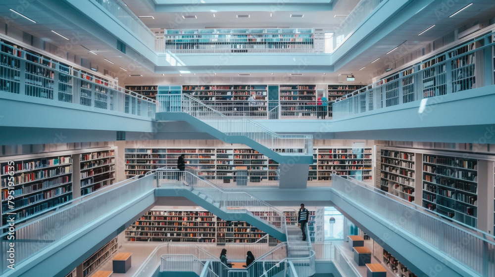A large library with many bookshelves and people walking up and down the stairs