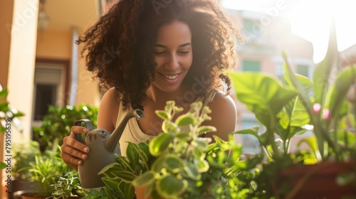 A woman joyfully engages in urban gardening, nurturing her green plants with a watering can in a sunlit balcony setting.