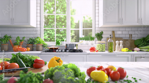 Fresh vegetables and cooking utensils on a kitchen counter with a large bright window in the background
