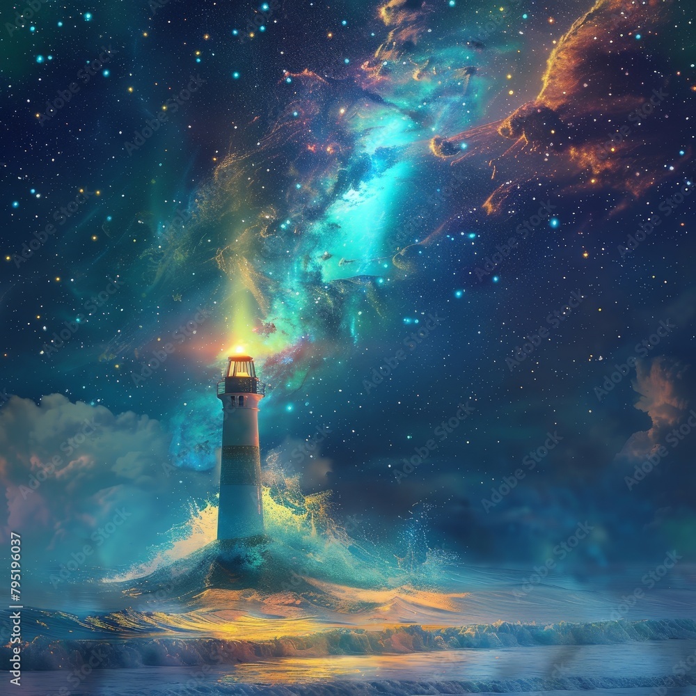 A 3D rendered cosmic lighthouse stands amidst crashing ocean waves, its light beaming towards a vibrant nebula sky filled with stars and swirling galaxies.