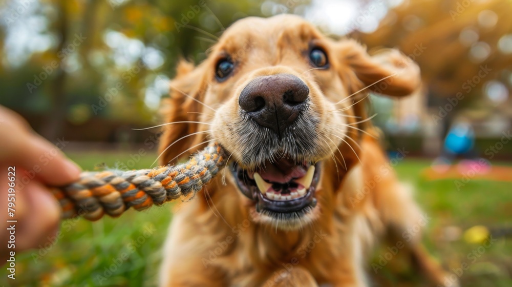 Close-up of a golden retriever's playful expression during a spirited game of tug-of-war, capturing the essence of pet enjoyment.