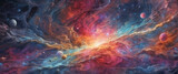 An otherworldly digital painting of a cosmic nebula, with vivid colors and planets scattered throughout