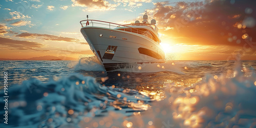 luxury yacht at sunset in blue sea, speed boat
