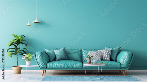 **3D rendering of a living room interior with a blue sofa, green plant, and white coffee table on a blue background in a minimalist style.**