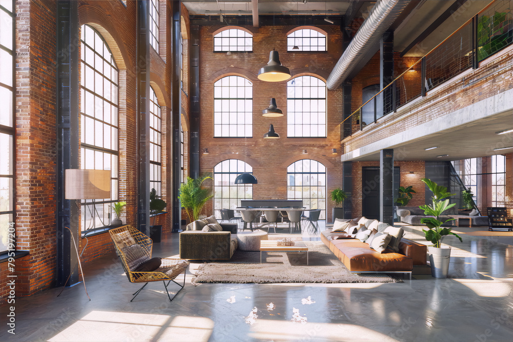 Example of a titels in  :
Huge industrial space with brick walls, concrete floor, large windows, plants, and stylish furniture in the interior design style of a New York loft