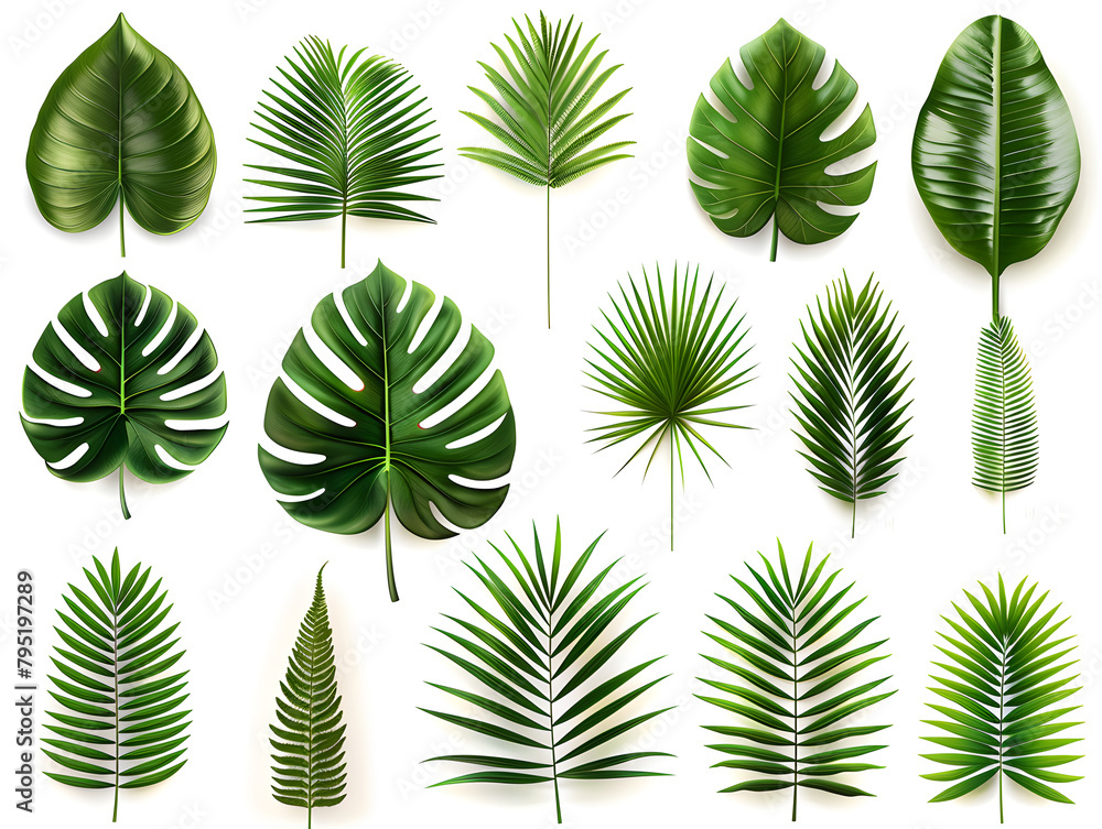 Various tropical leaves displayed on a white background