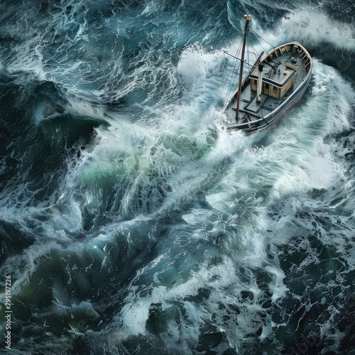 a boat in a stormy ocean in the shanties, in the style of aerial photography, sven nordqvist, rollerwave photo
