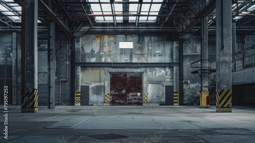A large, empty warehouse with a red door and yellow and black stripes