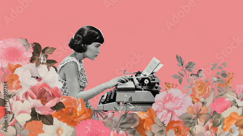 Art of a girl typing on a typewriter surrounded by flowers. Digital illustration: writer, secretary, copywriter, marketer.