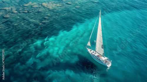 Aerial view of a sailing yacht in the turquoise sea